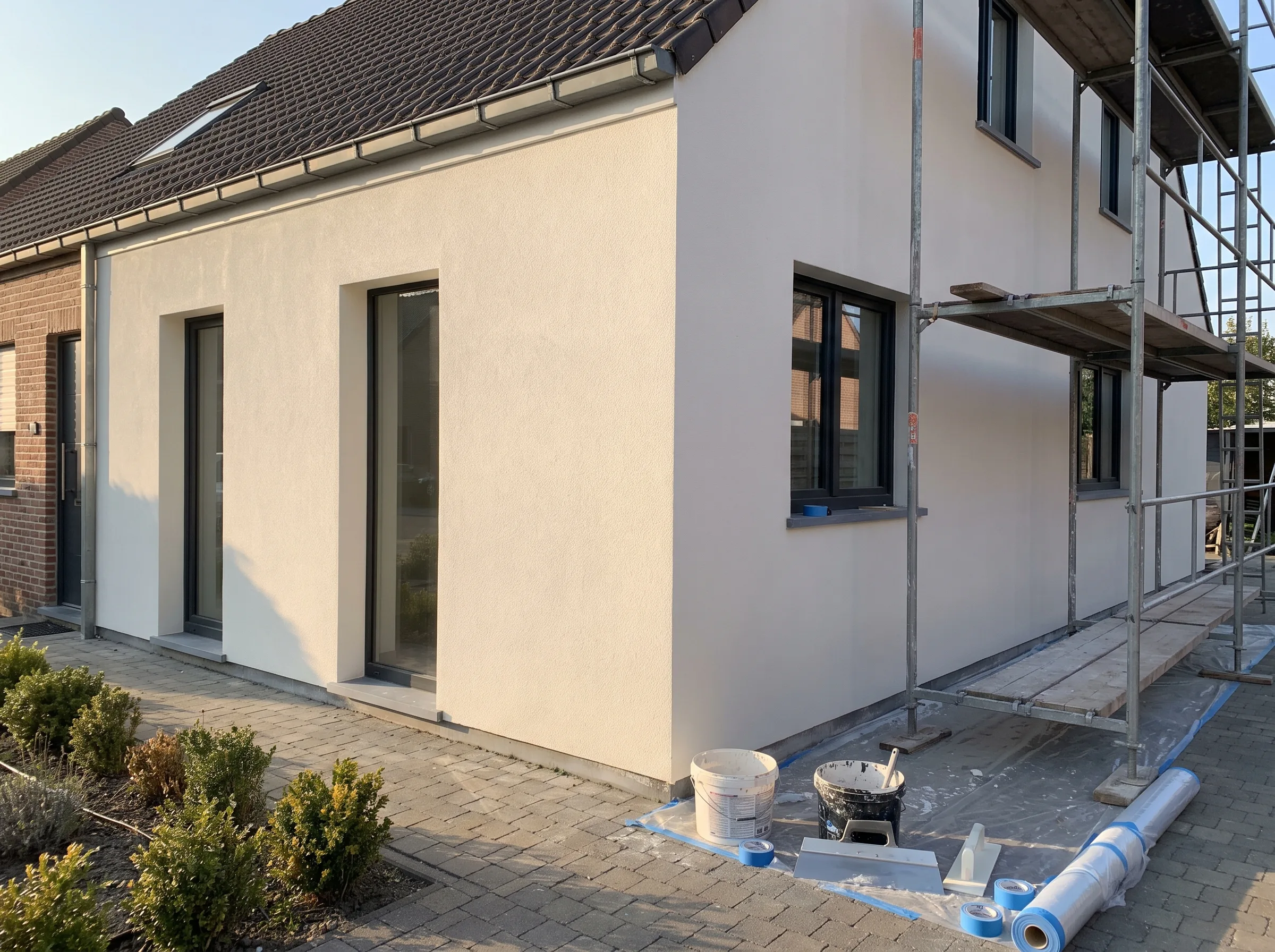 Gevelrenovatie met een net afgewerkte wand en scaffolding in de buurt