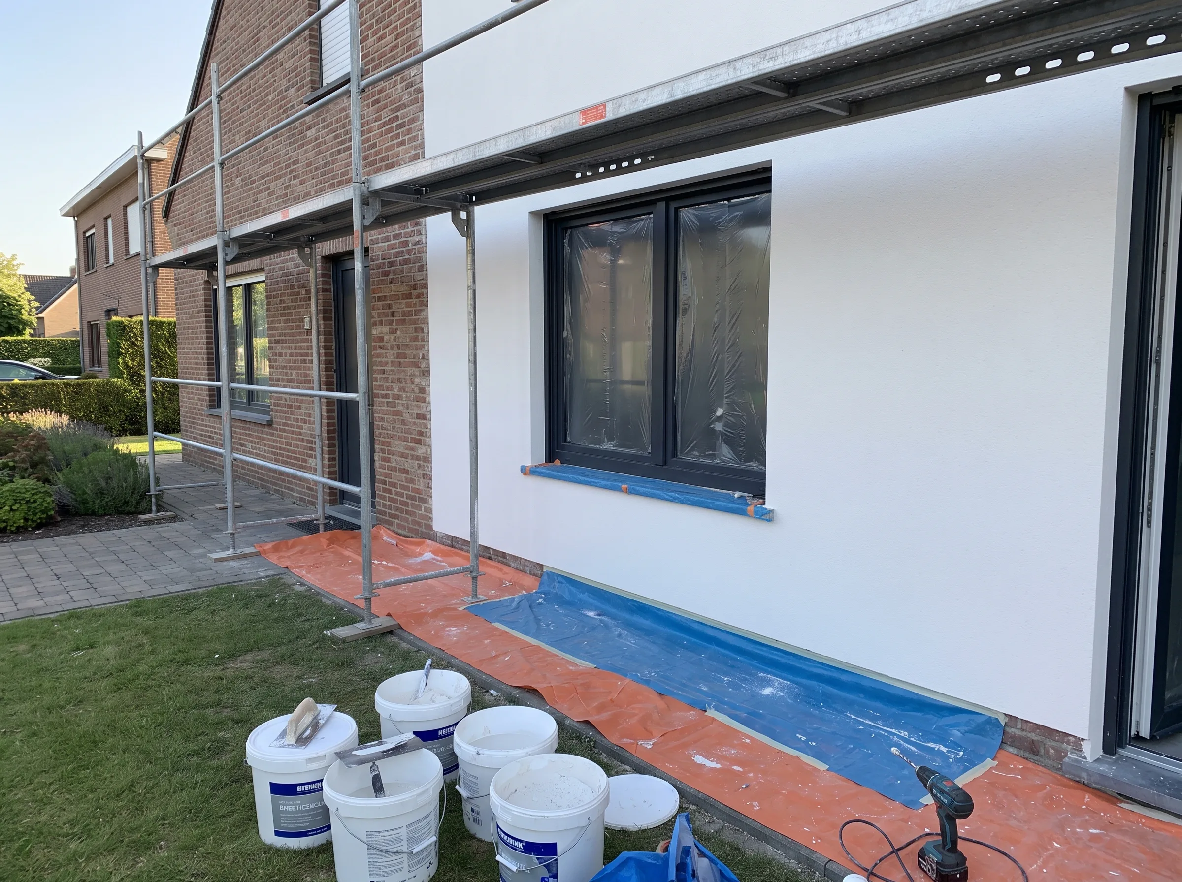 Gevelrenovatie aan een woning met steiger en voorbereidingen voor schilderwerk