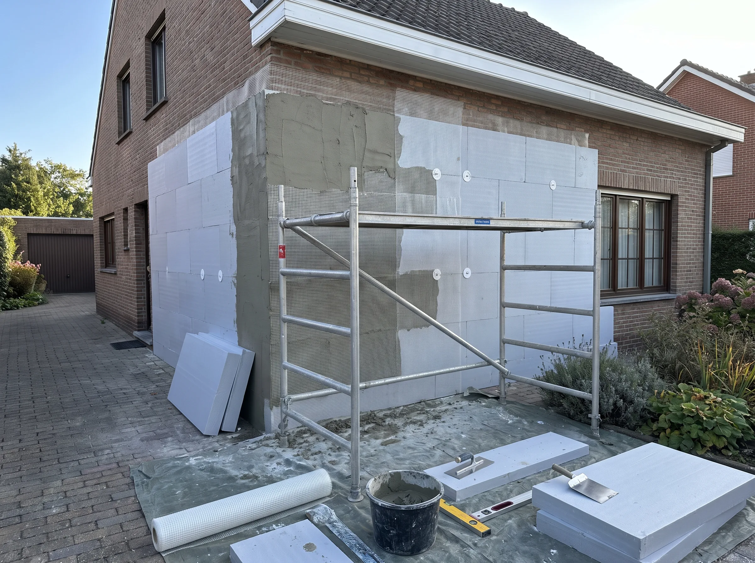 Gevelrenovatie met steiger en materialen aan de voorkant van een woning
