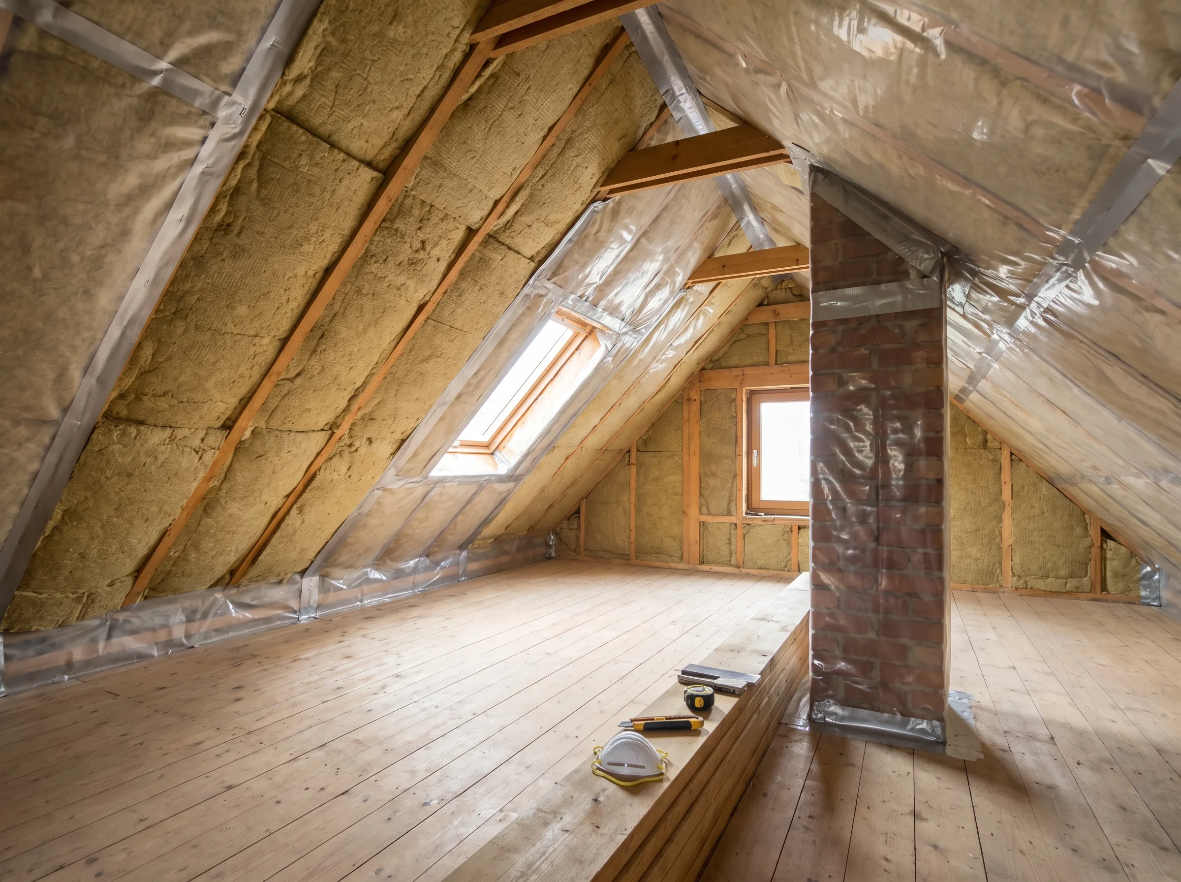 Zolder met isolatie, houten vloer en een dakvenster voor daglicht