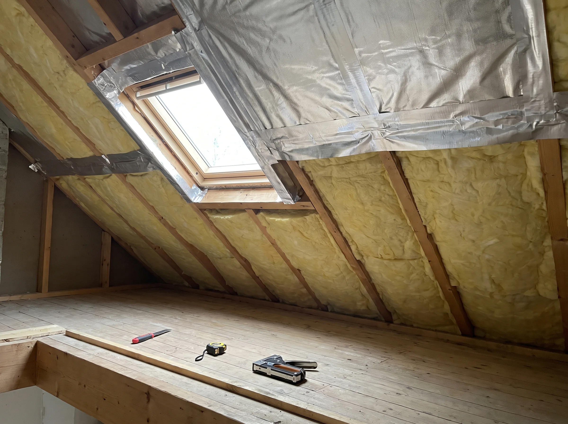 Zolder met dakisolatie en geplaatste dakramen voor optimale verlichting