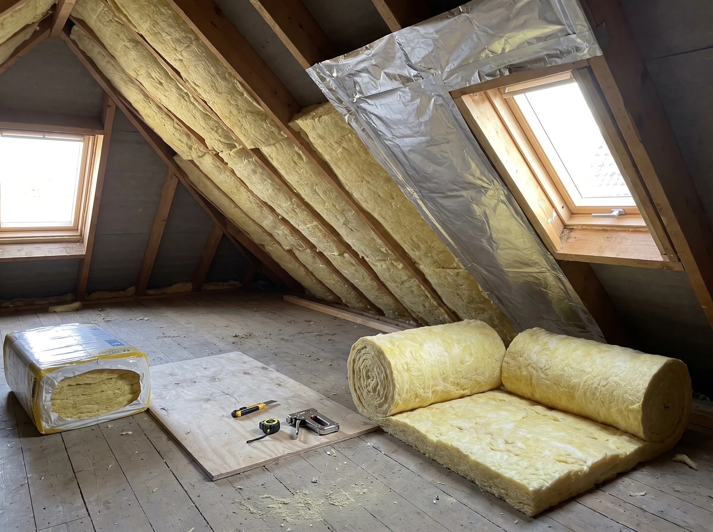 Zolder met isolatiemateriaal en dakramen voor dakisolatie